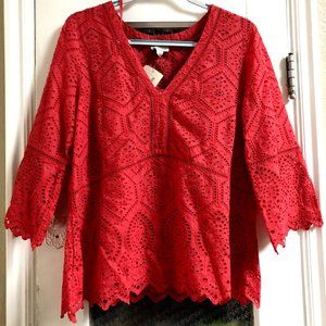 NWT $128 Sundance Catalog XS 2 Coral Eyelet Lace Top Blouse Boho 3/4 Sleeve NEW